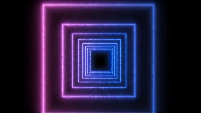 A mesmerizing neon square tunnel with a gradient from purple to blue, creating a futuristic and abstract visual experience