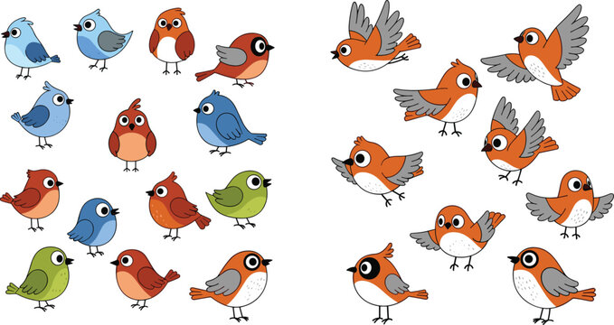 Cute cartoon birds set with colorful small birds flying and sitting vector illustration