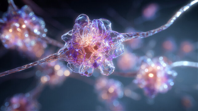 3D microscopic neuron network illustration with holographic glass and purple pink neon bioluminescence. Copy space for medical technology title or biotech usage.