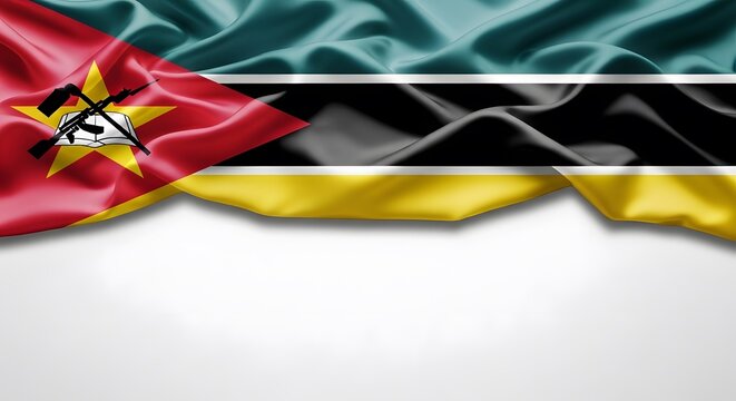 Wavy silk flag of Mozambique with its distinctive red, black, yellow, and green stripes and emblem, set against a clean white background.
