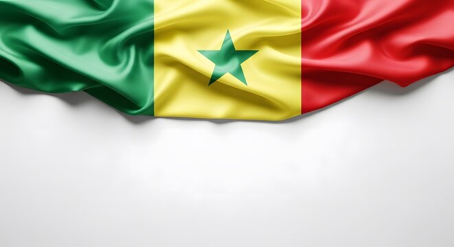 Waving flag of Senegal with green, yellow, and red stripes and a central green star, draped over a white background with copy space.