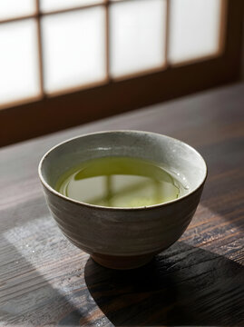 Exotic Japan: Peaceful tea time with traditional iron teapot (Tetsubin), green tea, and rustic wooden Tansu chest, generated by AI