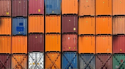 Fototapeta premium Close-up pattern of stacked cargo containers in various colors, representing logistics, global trade, industrial design, and structured geometric composition