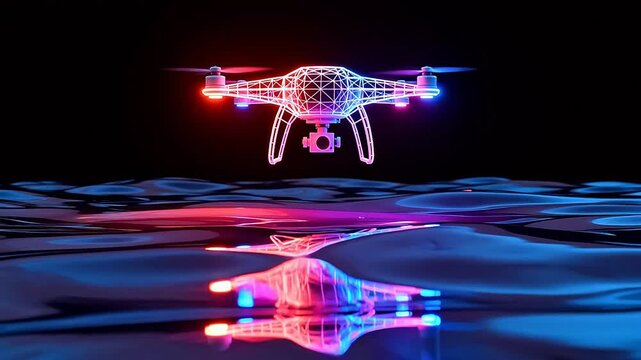 Neon drone hovering over reflective surface