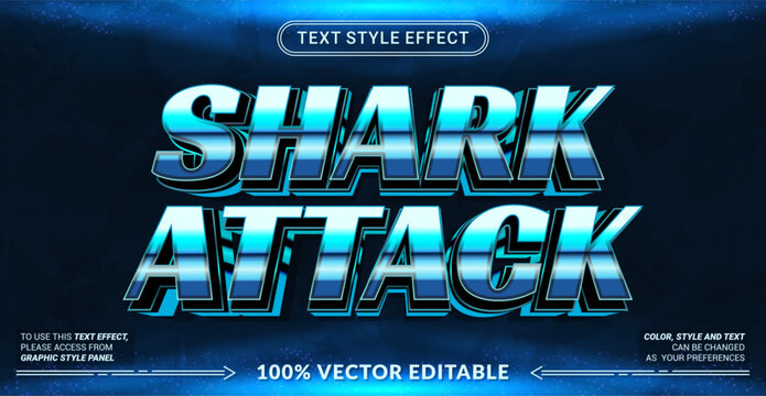 Editable shark attack text effect with bold 3D blue gradient style, inspired by ocean predators. Perfect for gaming, sports, marine events, and dynamic branding.
