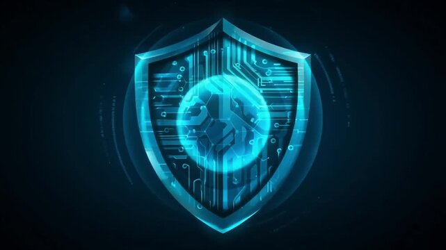 A glowing blue shield with circuit board details forms a futuristic cybersecurity symbol of digital protection