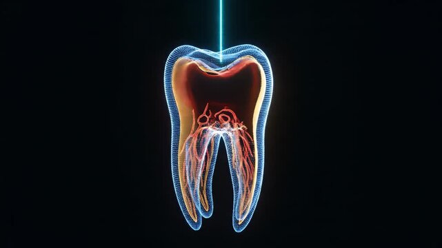 A futuristic 3D holographic scan of a human tooth, revealing its intricate internal anatomy and dental structure.