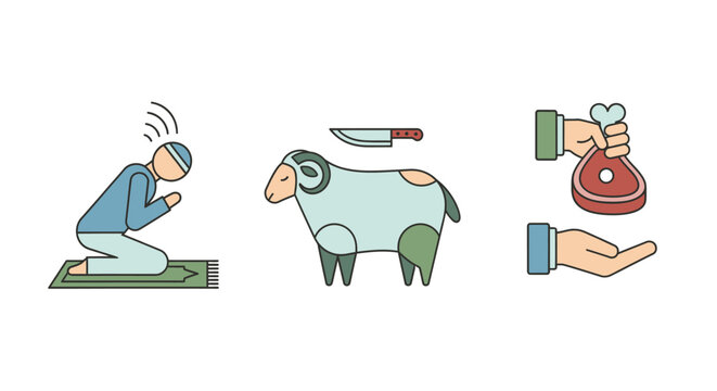 Islamic icons for Eid al Adha prayer sacrifice and charity