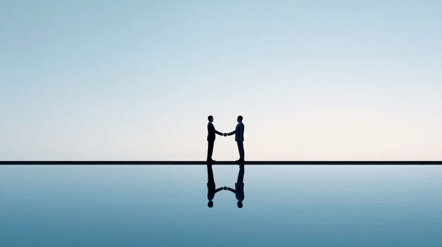Minimalist High Contrast Silhouette of Two Businessmen Shaking Hands Over Water in a Calm and Serene Environment