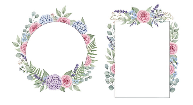 Watercolor floral frames, round and rectangular, with roses, hydrangeas, lavender, and eucalyptus leaves
