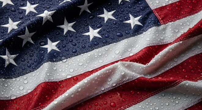 A close-up shot of a wet, draped American flag with visible water droplets on its fabric, showcasing the red, white, and blue colors.