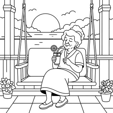 Serene Summer Beachview: Grandmother Relaxing on Swing with Beverage at Sunset Cottage - Whimsical Coloring Page for Senior Leisure and Art Therapy