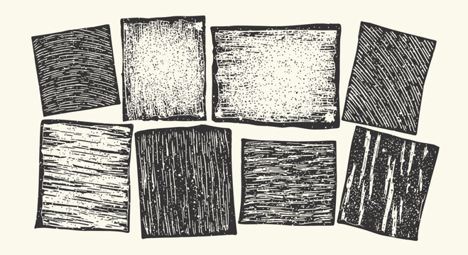 Abstract Wood Texture Squares Collage, Hand Drawn Scratchboard Art