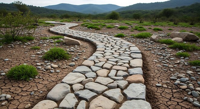 Stone pathway winding through natural landscape with mountains and sky