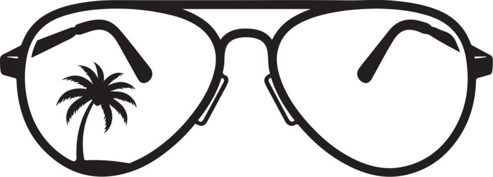 Black glasses with palm tree reflection, vacation eyewear, sunglasses icon, tropical getaway accessory