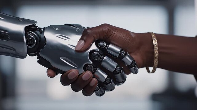 Close‑up video of a Black woman&rsquo;s hand shaking hands with a humanoid robot, showing a calm and respectful connection between people and technology. The scene highlights diversity, trust, and human‑AI 