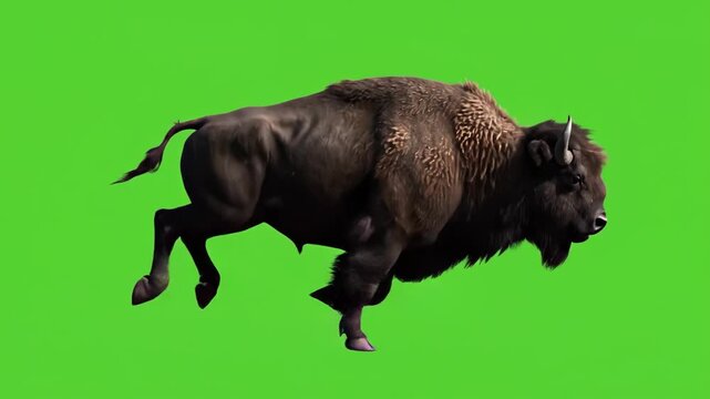 A powerful American bison runs with determination on a vibrant green screen, perfect for VFX and wildlife scenes.