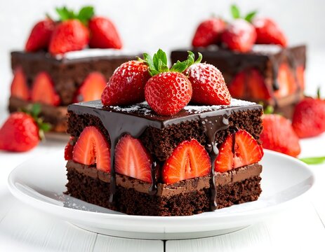 A chocolate cake slice with strawberries on top and sides