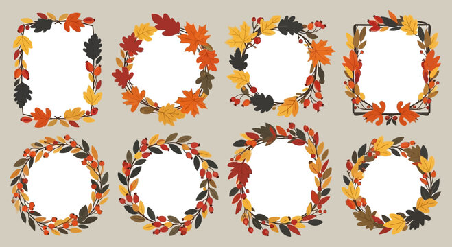 Autumn Wreath Frames Collection: Fall Leaves, Berries, Seasonal Decorative Borders