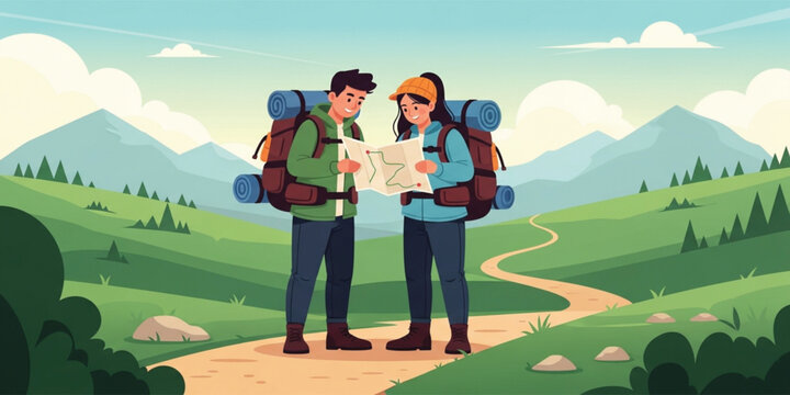 Couple Hikers Reading Map on Mountain Trail with Backpacks Adventure Travel and Outdoor Journey Design