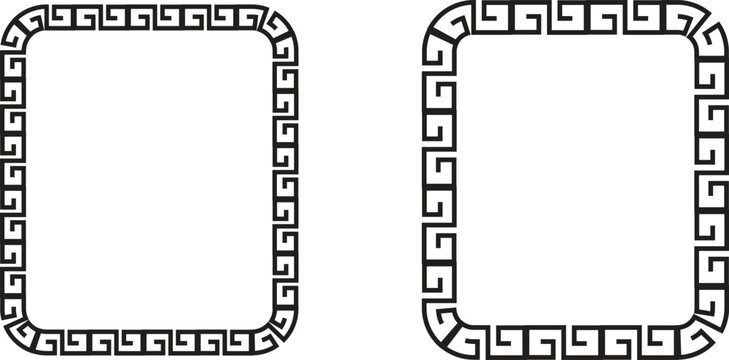 Set of square Greek key frame borders with geometric meander pattern decorative ornamental outline shapes minimal abstract vector collection isolated on white background