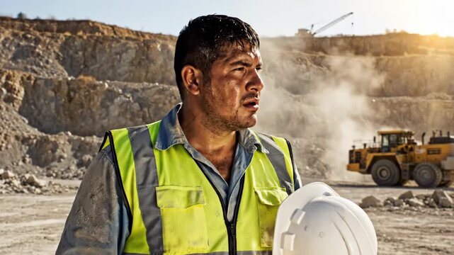 A tired construction worker removes his hard hat at a dusty quarry, showing exhaustion from hard labor.