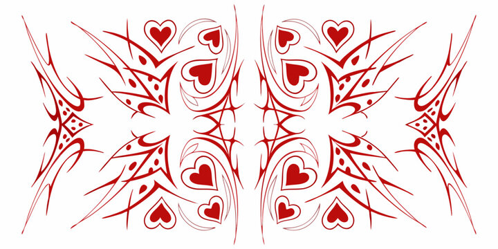 Symmetrical red design featuring hearts and abstract swirling lines