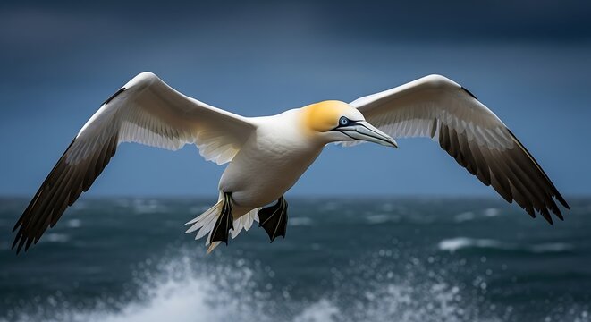 Soaring gannet in flight coastal seabird with wings spread wide