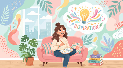 Young woman journaling on a cozy sofa surrounded by plants and inspirational ideas. © Auhaz