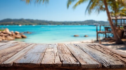 Fototapeta premium Wooden table with ocean and tropical island background vacation concept