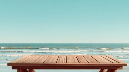 Obraz premium Wooden table with ocean backdrop for product display and visual concepts