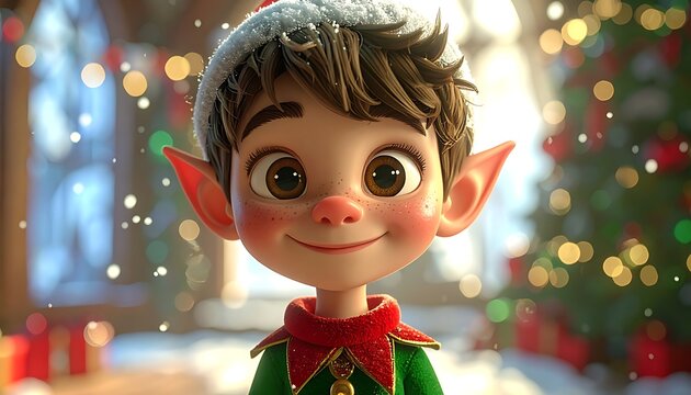 A cheerful cartoon elf with pointy ears and a hat