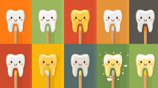Cartoon teeth on sticks against colorful background for dental health