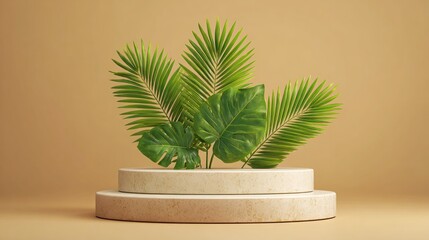 Obraz premium Green tropical leaves on wooden pedestal with beige background for product display