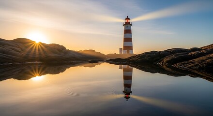 Fototapeta premium Striking lighthouse at sunset with reflection on calm water
