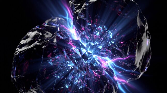 Abstract Triboluminescent Fracture Background - 3D Reder of Cracking Crystal Emtting Blue and Magenta Enegy Light - Science and Tecnology Concept