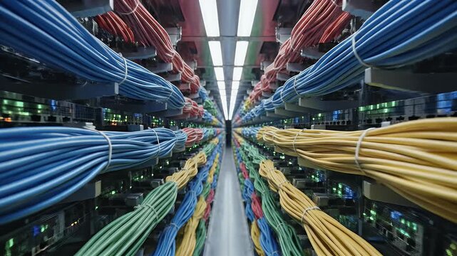 A symmetrical perspective showcases a dense network of colorful cables within a server room, highlighting the complexity of modern data infrastructure.