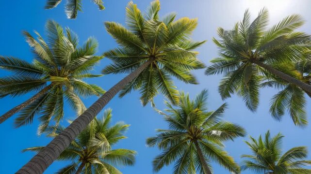 Looking Up at Tropical Palm Trees Against Blue Sky