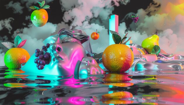 Surreal scene of floating fruits and liquid shapes around a human face, vibrant colors, dreamy atmosphere, abstract concept, high detail, futuristic art