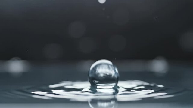 A close-up photograph showcases a single, glistening water droplet suspended in mid-air, reflecting the surrounding environment with remarkable clarity against a blurred, dark background.