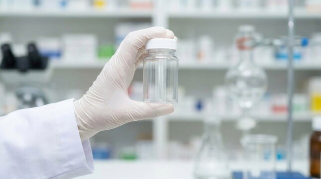 A hand wearing white lab coat holds empty pill bottle