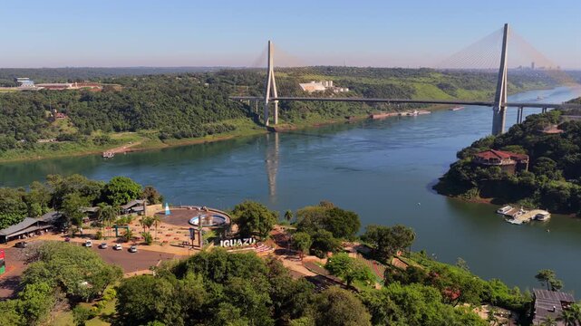 Puente de la Integraci&oacute;n over Paran&aacute; River at Triple Frontier in Foz do Igua&ccedil;u, Paran&aacute;, Brazil, connecting Presidente Franco, Paraguay, with Puerto Iguaz&uacute;, Argentina, in surrounding border landscape,