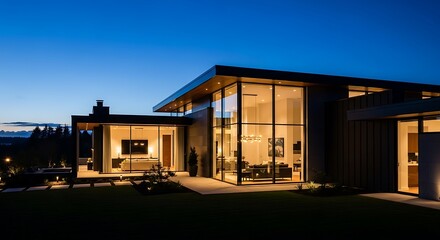 Fototapeta premium Modern Luxury Home Exterior Architectural Facade at Twilight Dusk