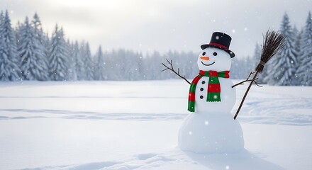 Obraz premium Snowman in snowy landscape with hat scarf and broom against winter forest