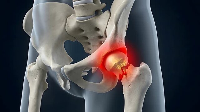 Detailed 3D medical illustration of a fractured human hip joint with highlighted pain and inflammation on a dark blue gradient background showing
