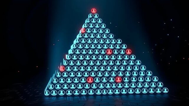 Glowing Neon Pyramid Structure Represents Team Hierarchy with Red Impostor Symbols and Dark Futuristic Background Illuminated by Subtle Particles