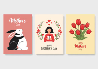 Fototapeta premium Happy Mother's Day Greeting Cards Set with Cute Hugging Rabbits, Girl Holding Gift, and Red Tulip Bouquet Illustrations in Flat Design Style