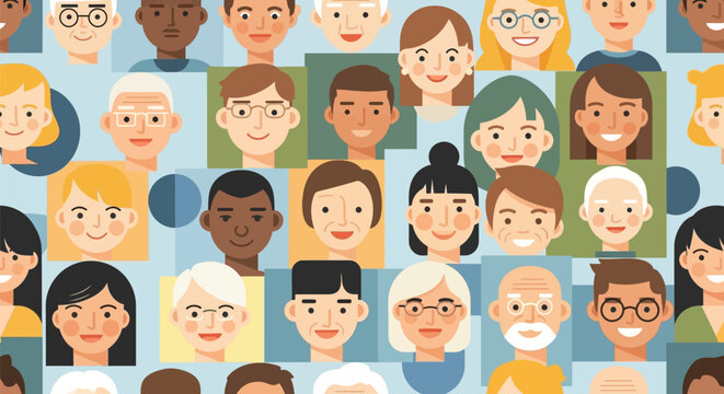 Seamless pattern of diverse human faces representing multicultural community and social inclusion.