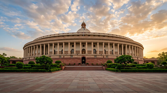 Wide Angle View of Indian Parliament House During Golden Hour with Dramatic Sky and Clouds