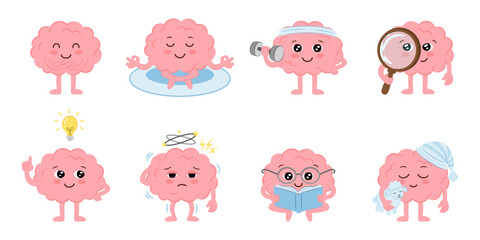 Cute brain mascot set isolated on transparent background. Human intelligence organ character in various poses: yoga meditation, fitness workout, research, headache, reading and dreaming. © Mila